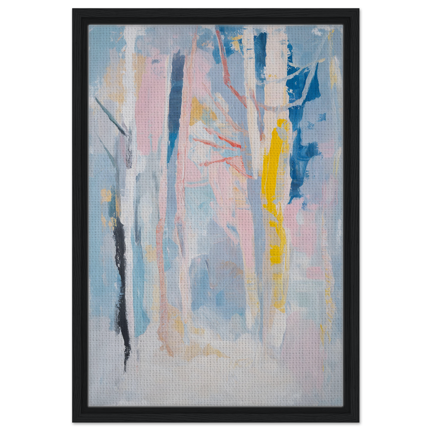 Abstract painting in pastel colors with vertical brushstrokes, framed canvas print Delirious Canopy Solitude