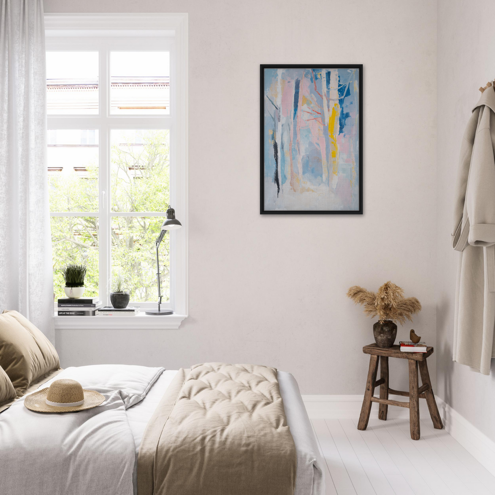 Bright, airy bedroom with white decor and colorful abstract artwork in Delirious Canopy Solitude