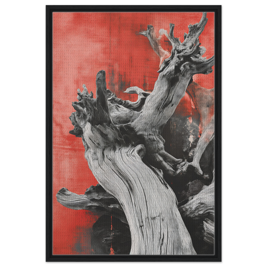 Gnarled tree trunk and branches in Demonic Drift Dance framed canvas print on red background