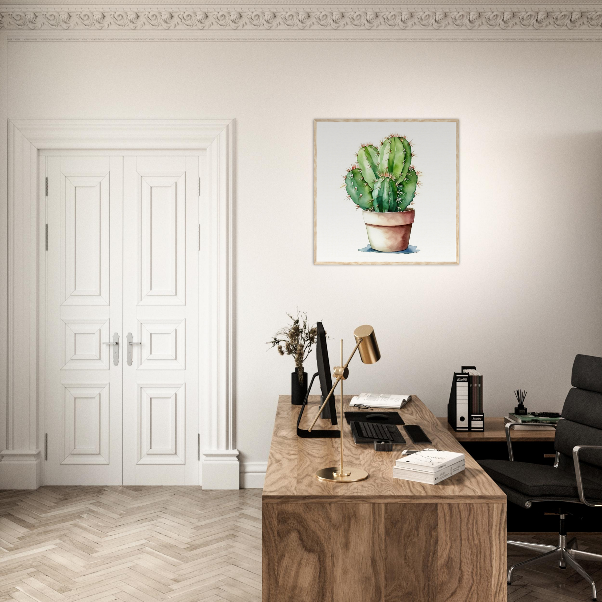 A desk with a cactus plant on it