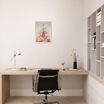 A desk with a chair and a bookcase