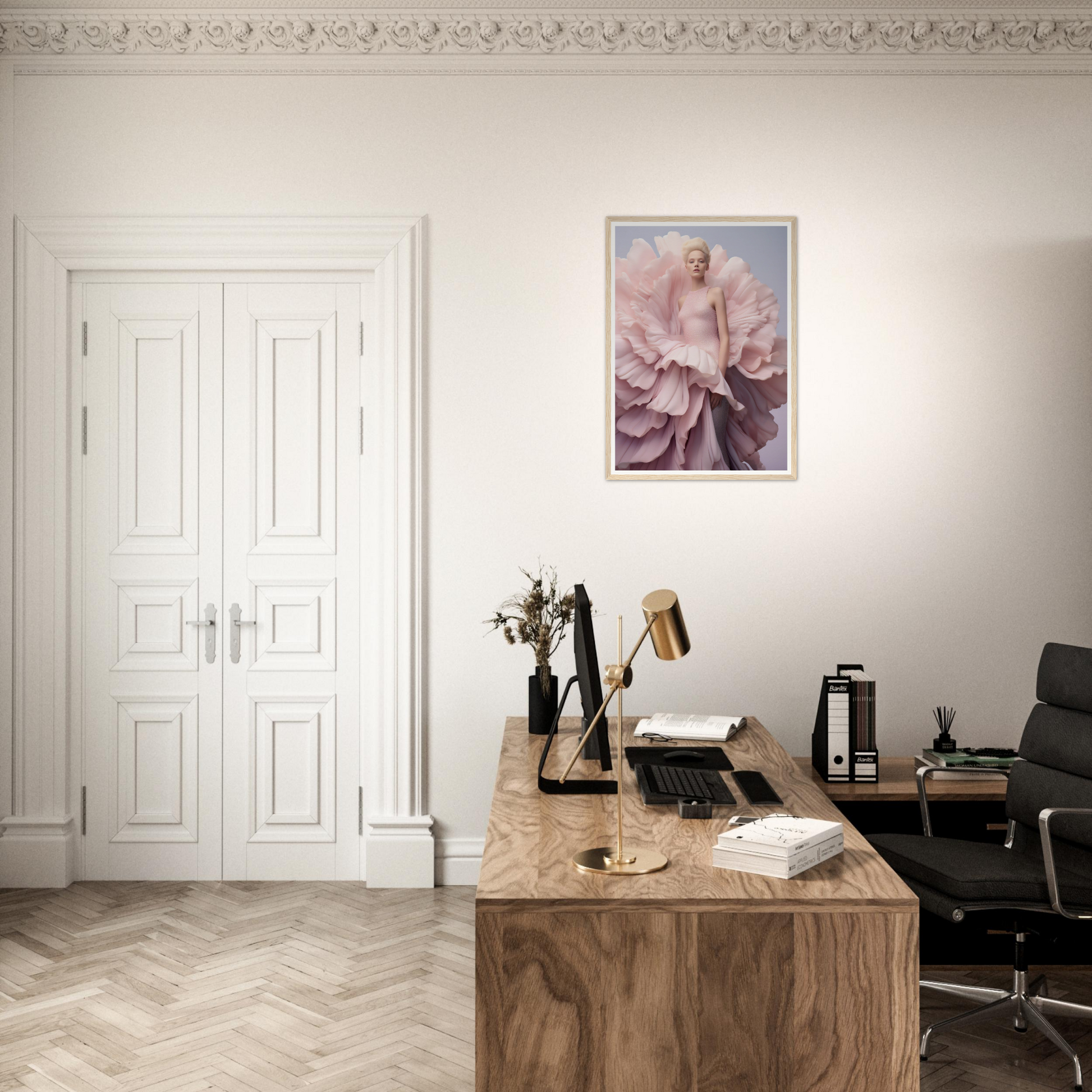 A desk with a chair and a flower on it