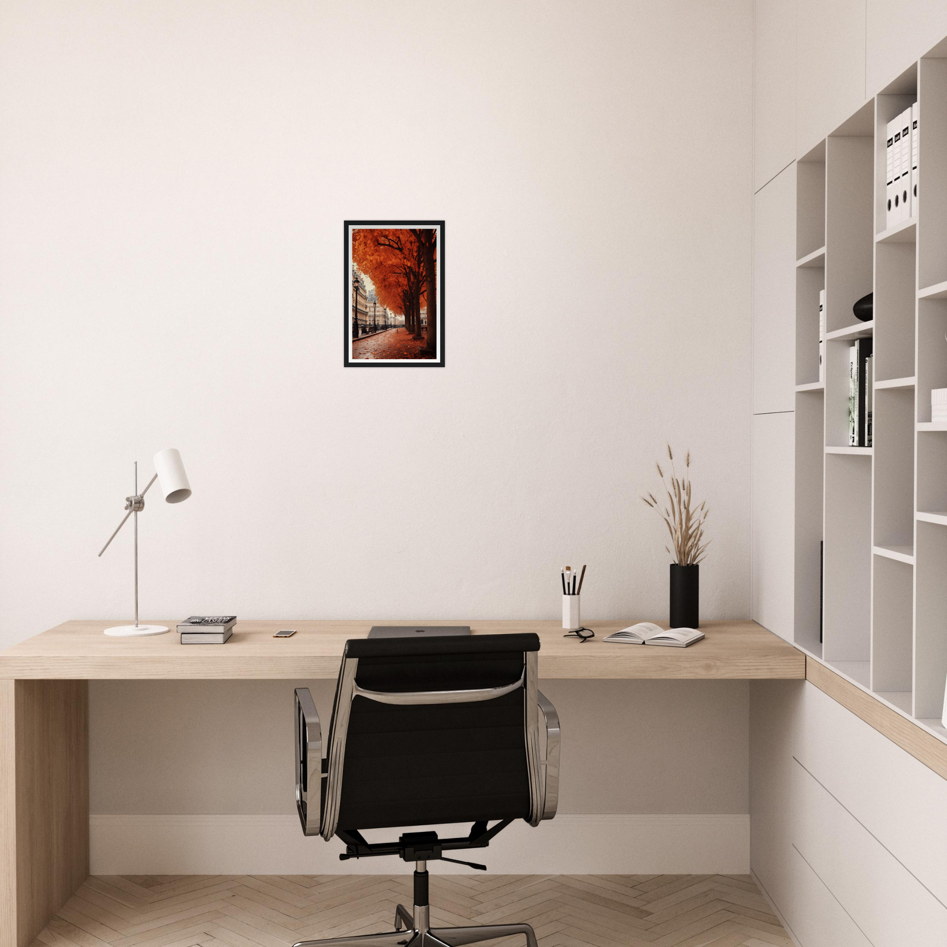 A desk with a chair and a framed picture on it