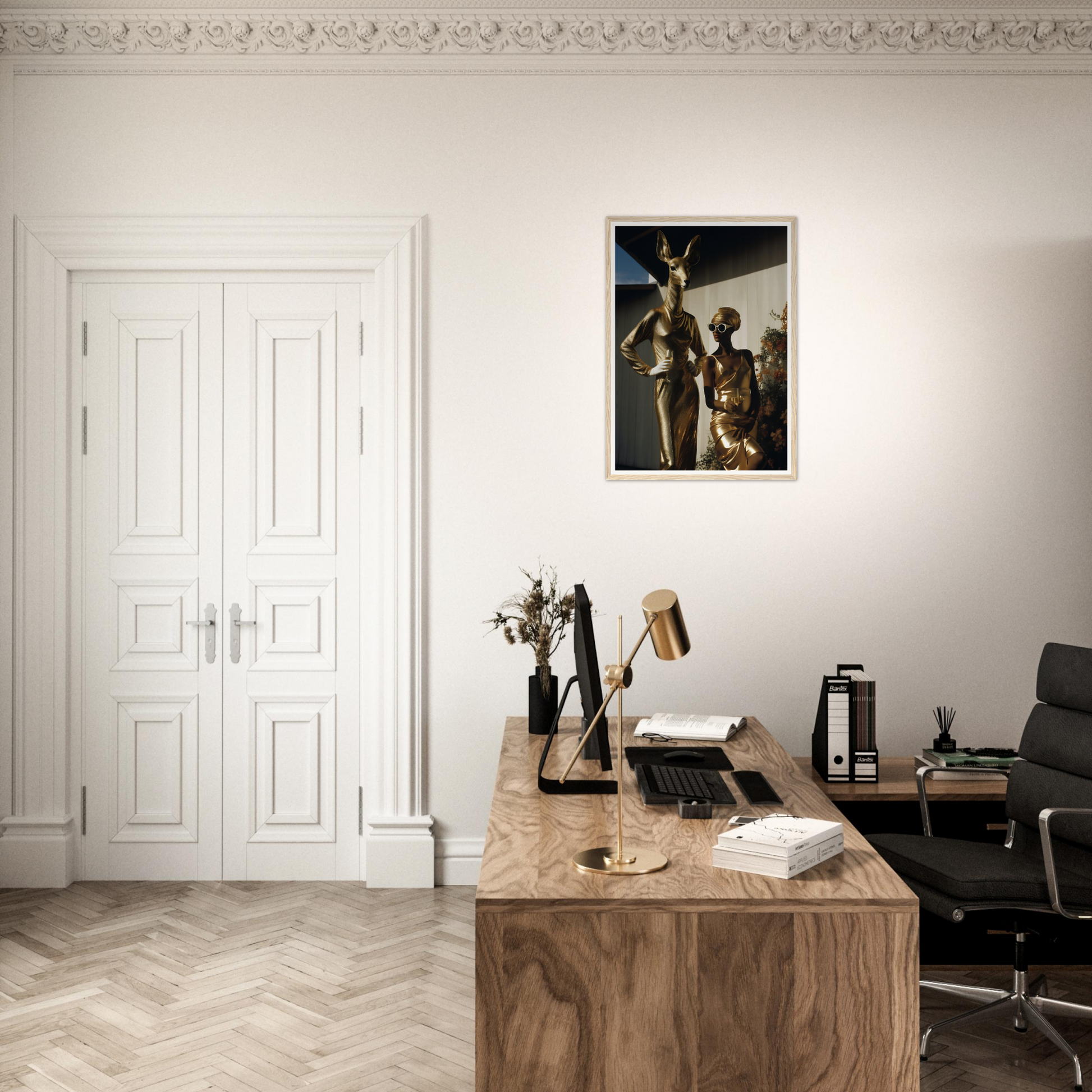 A desk with a chair and a painting on the wall