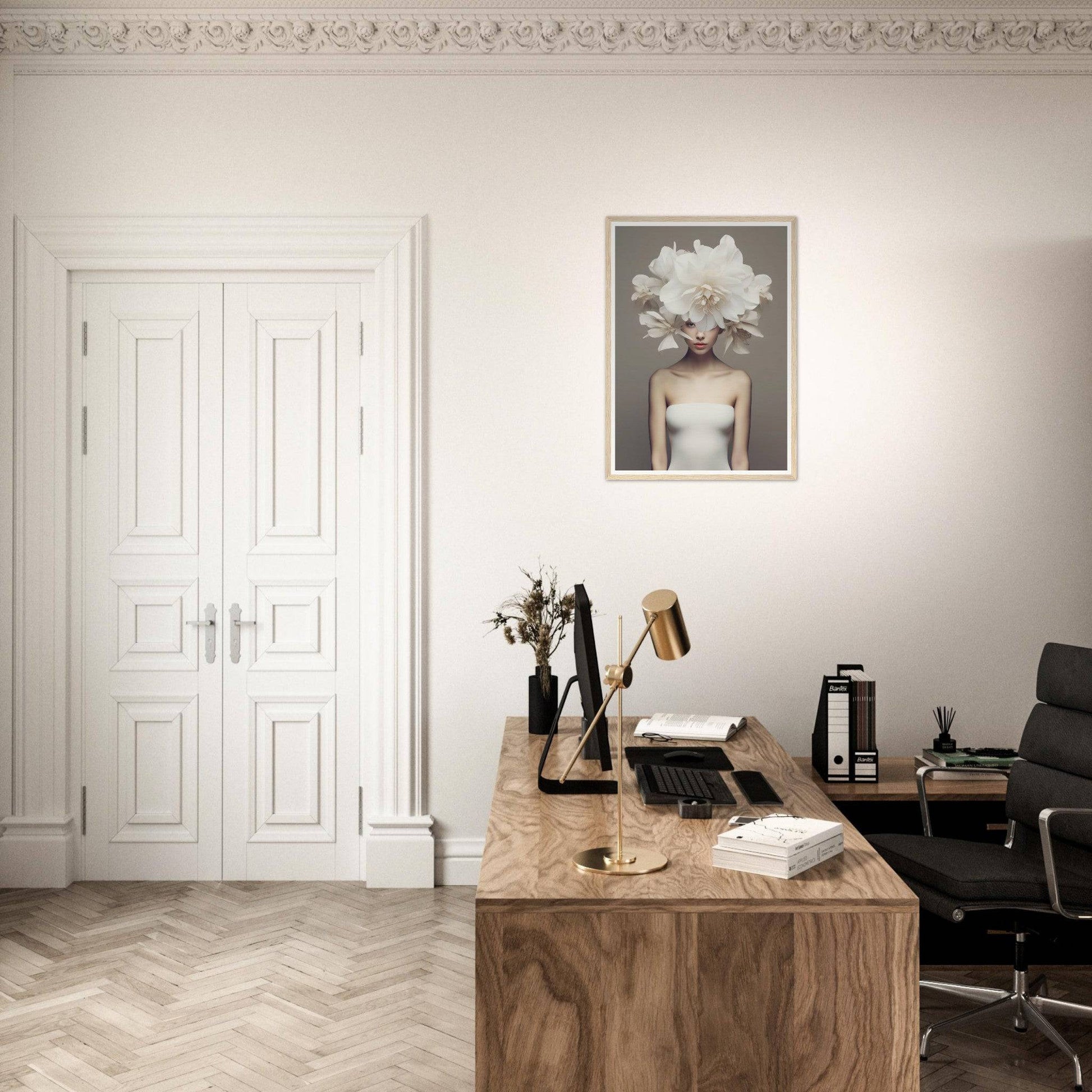 A desk with a chair and a painting on the wall