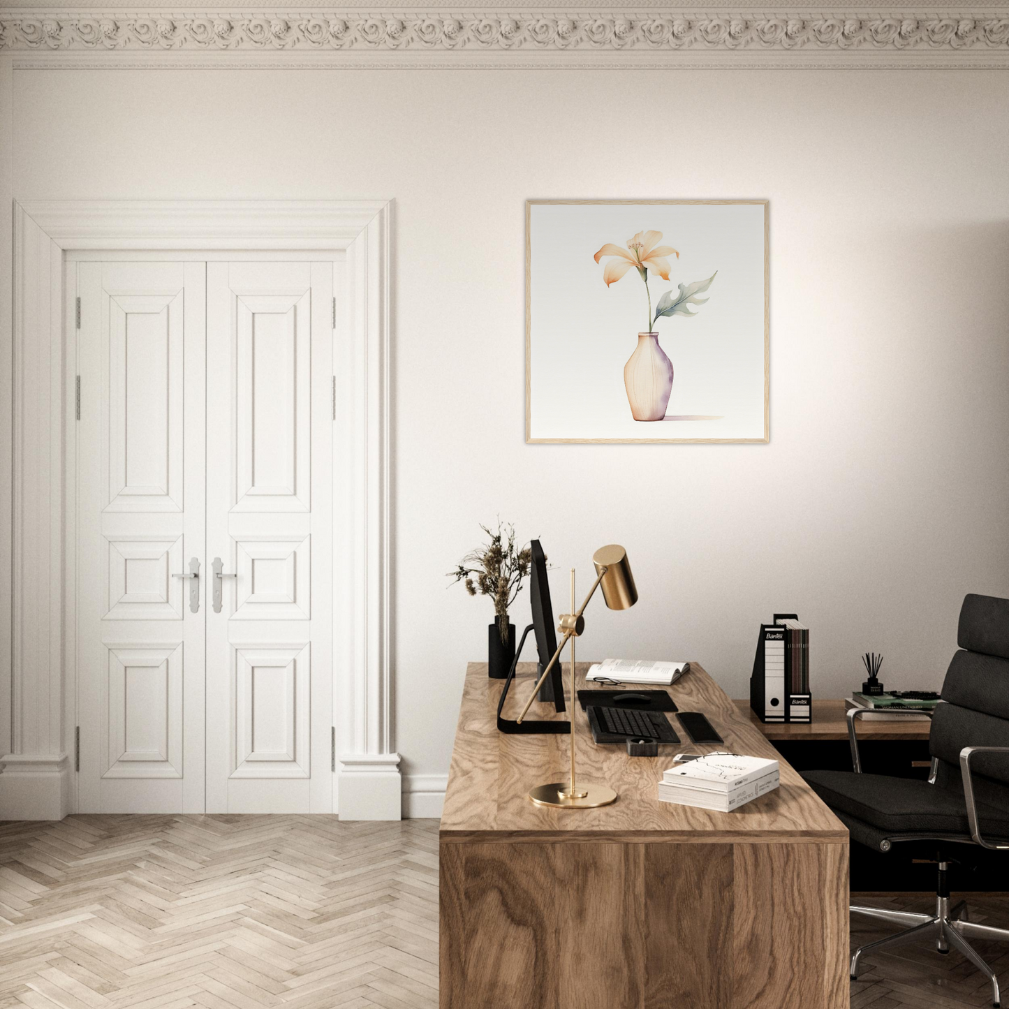 A desk with a chair and a painting on the wall