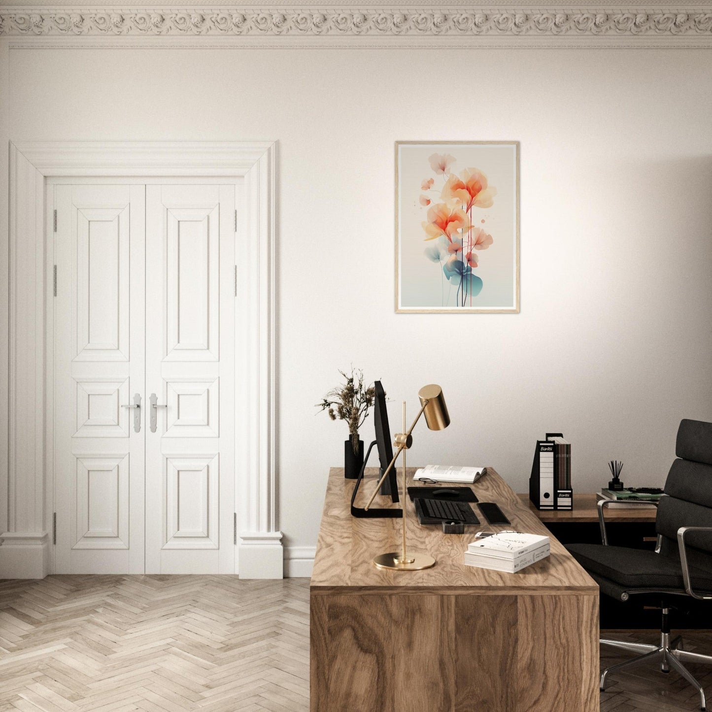 A desk with a chair and a painting on the wall