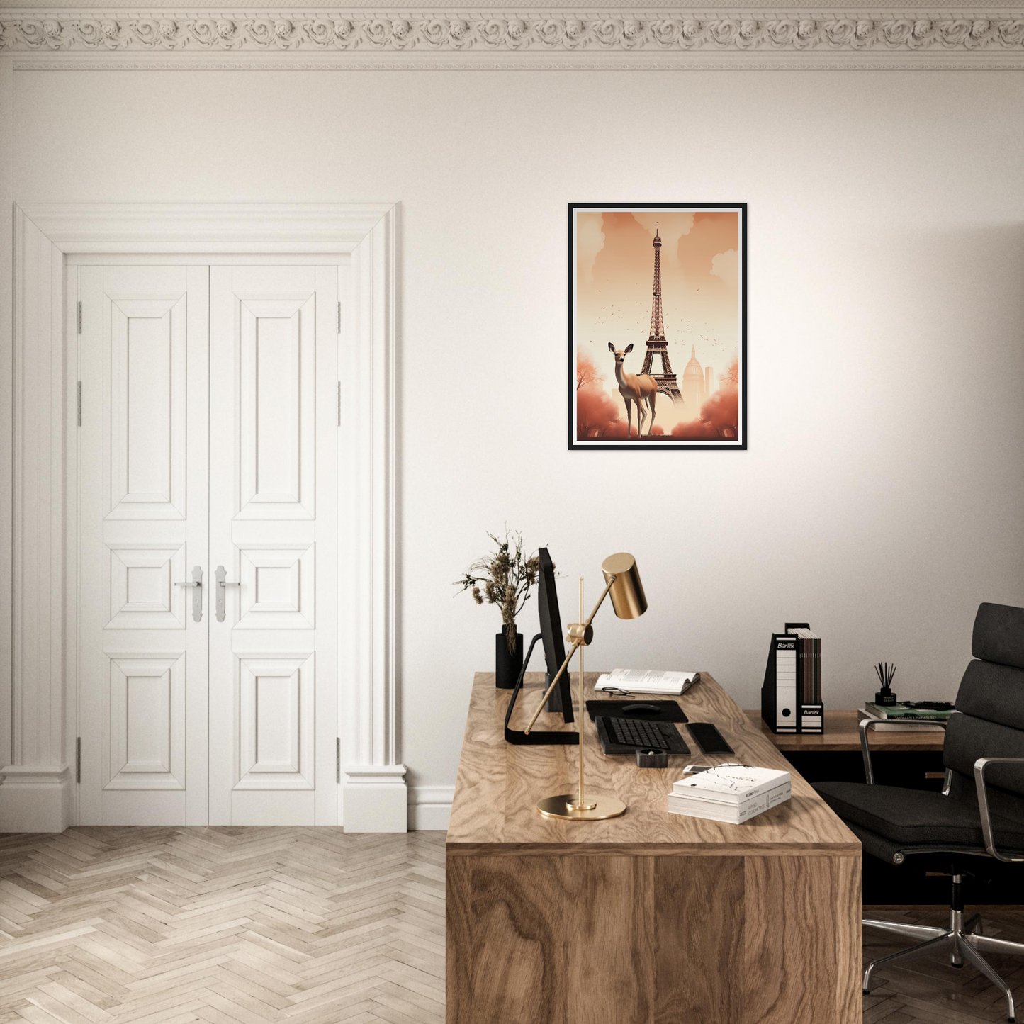 A desk with a chair and a painting on the wall