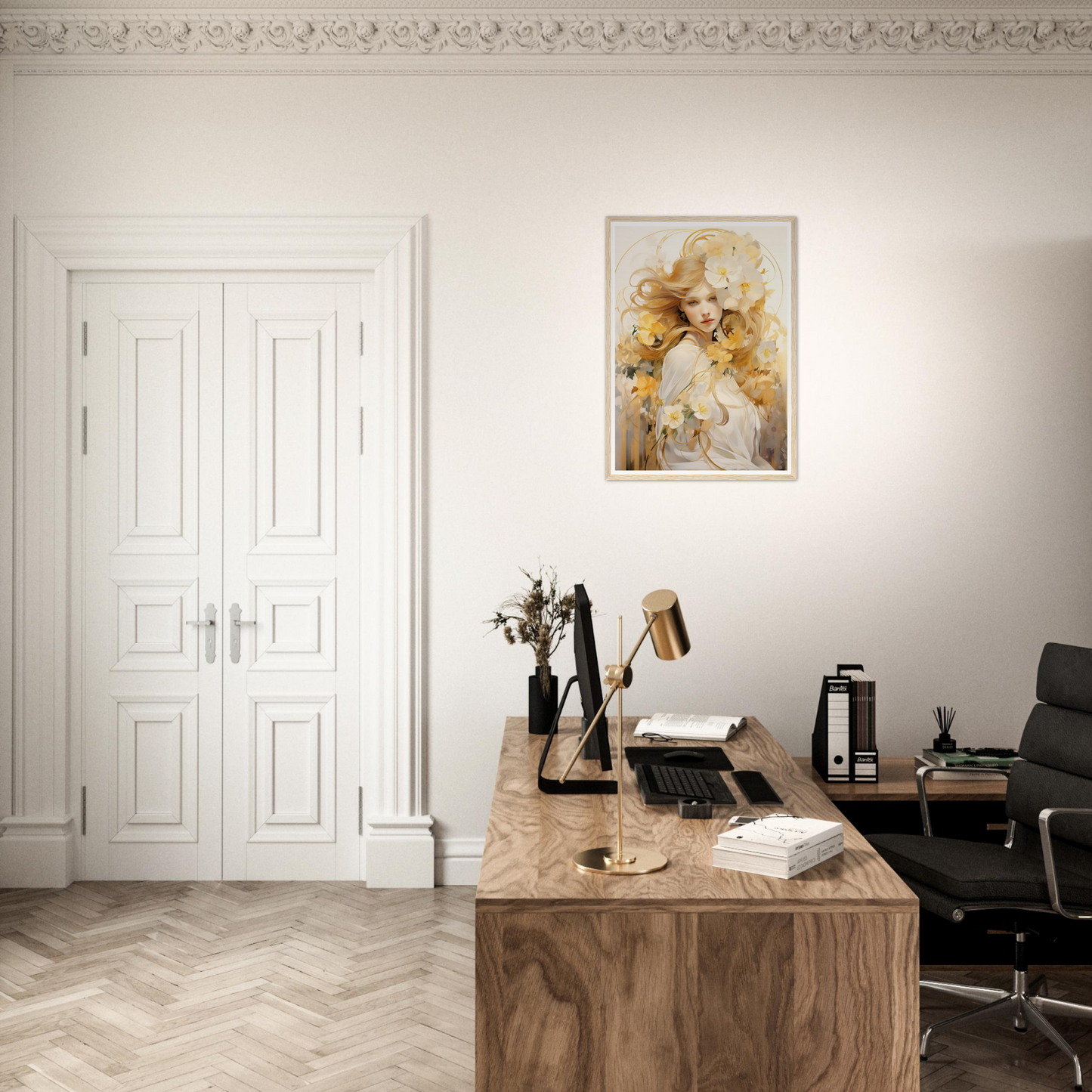 A desk with a chair and a painting on the wall