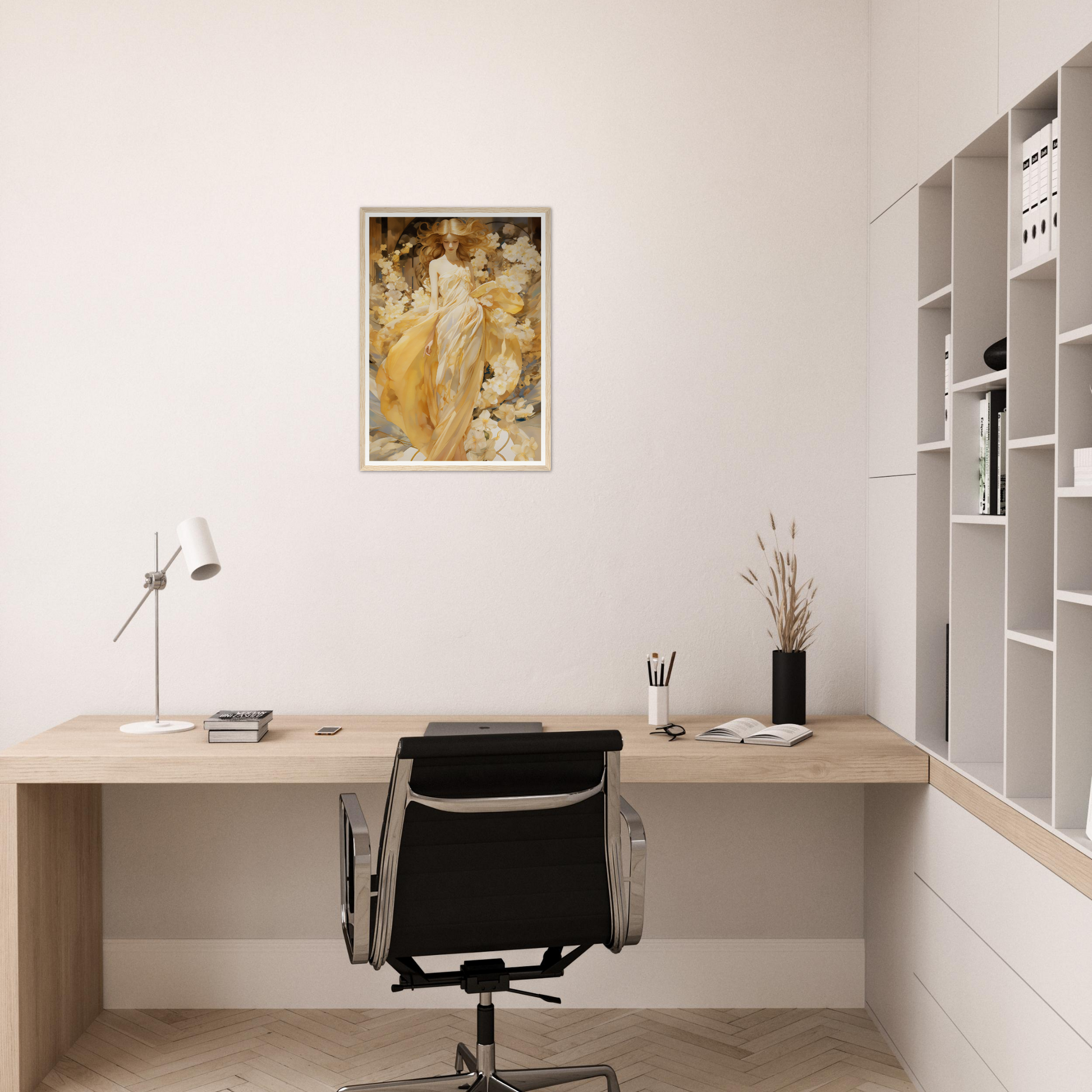 There is a desk with a chair and a painting on the wall