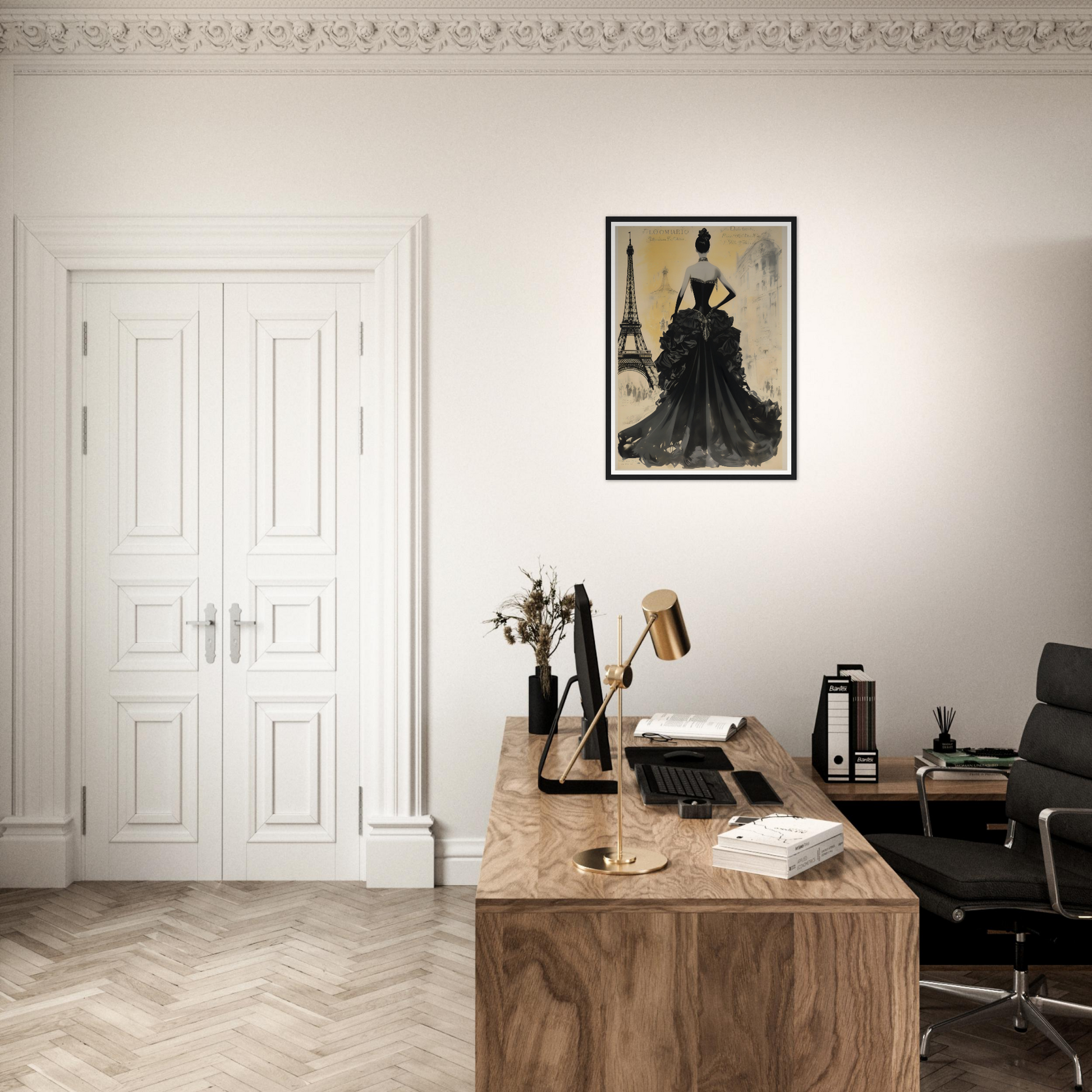 A desk with a chair and a painting on the wall