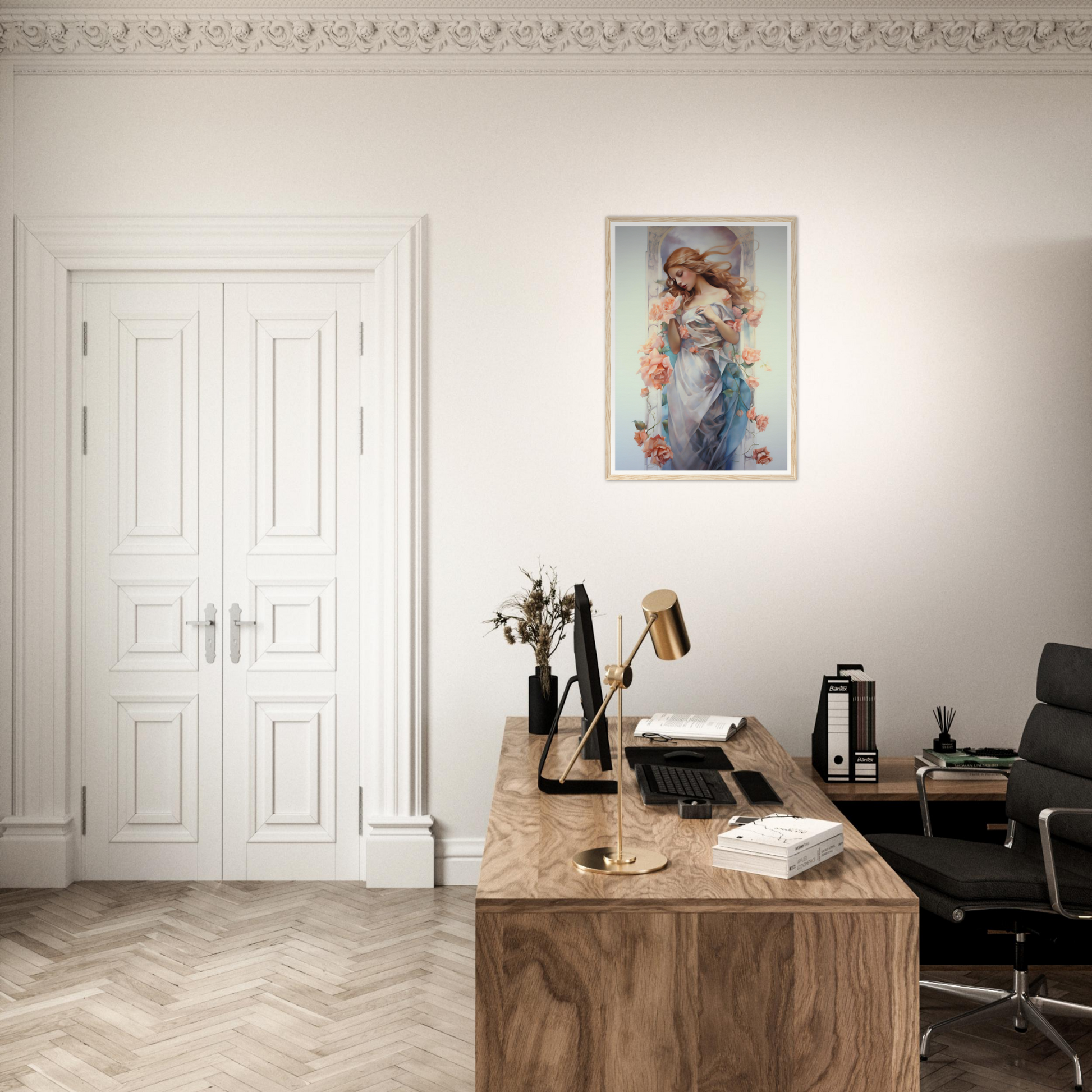 A desk with a chair and a painting on the wall