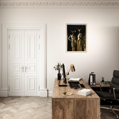 A desk with a chair and a painting on the wall