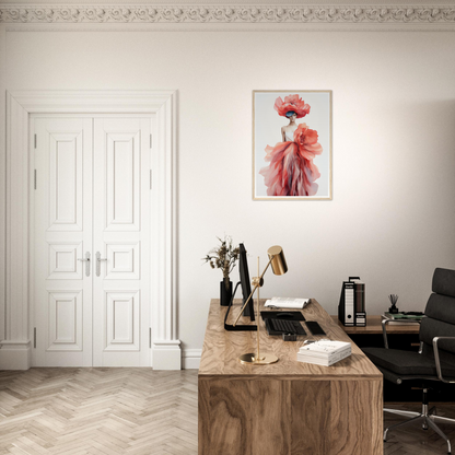 A desk with a chair and a painting on the wall