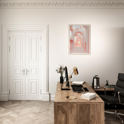 A desk with a chair and a painting on the wall