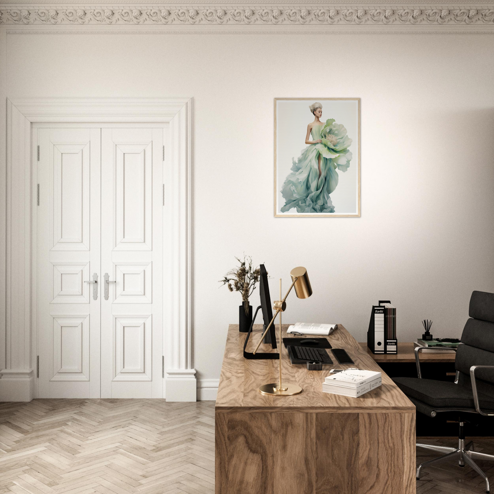 A desk with a chair and a painting on the wall