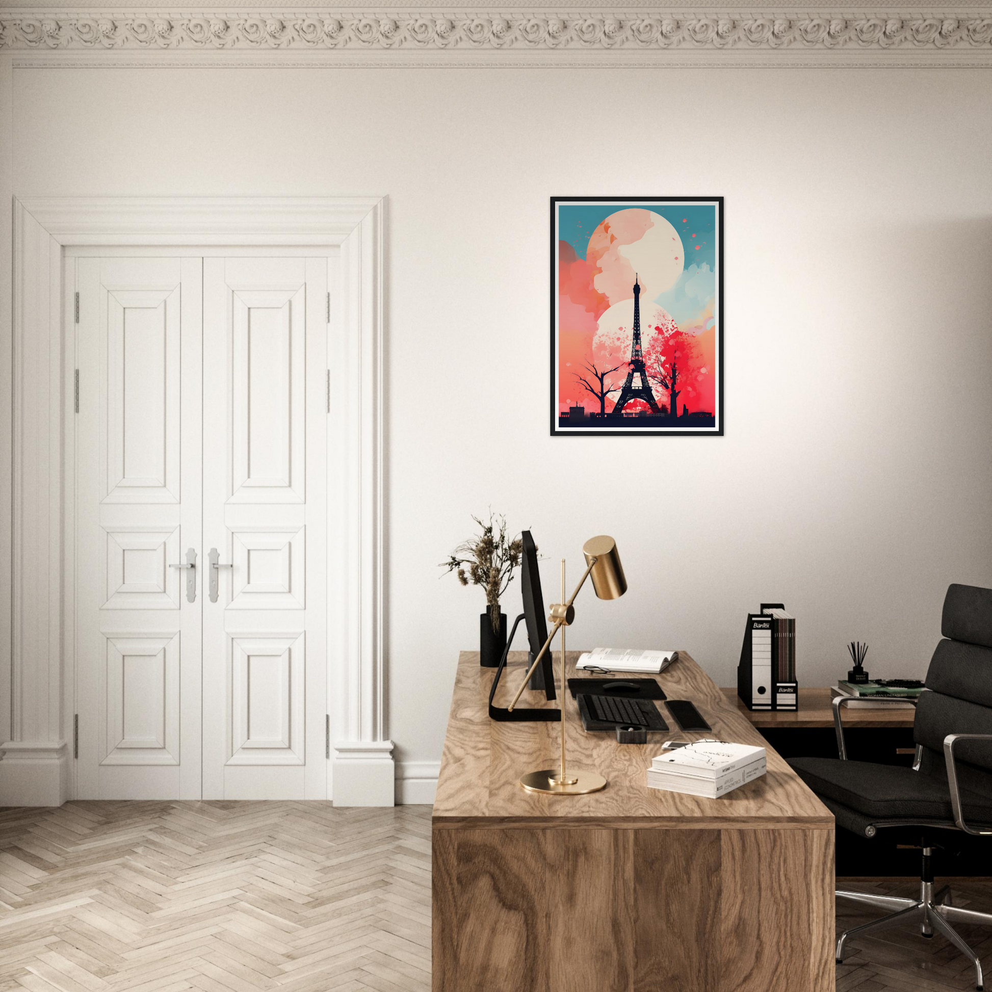 A desk with a chair and a painting on the wall