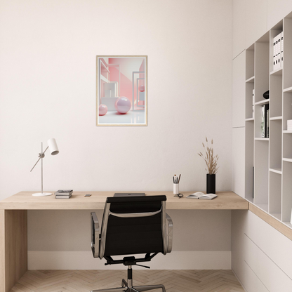 A desk with a chair and a painting on the wall