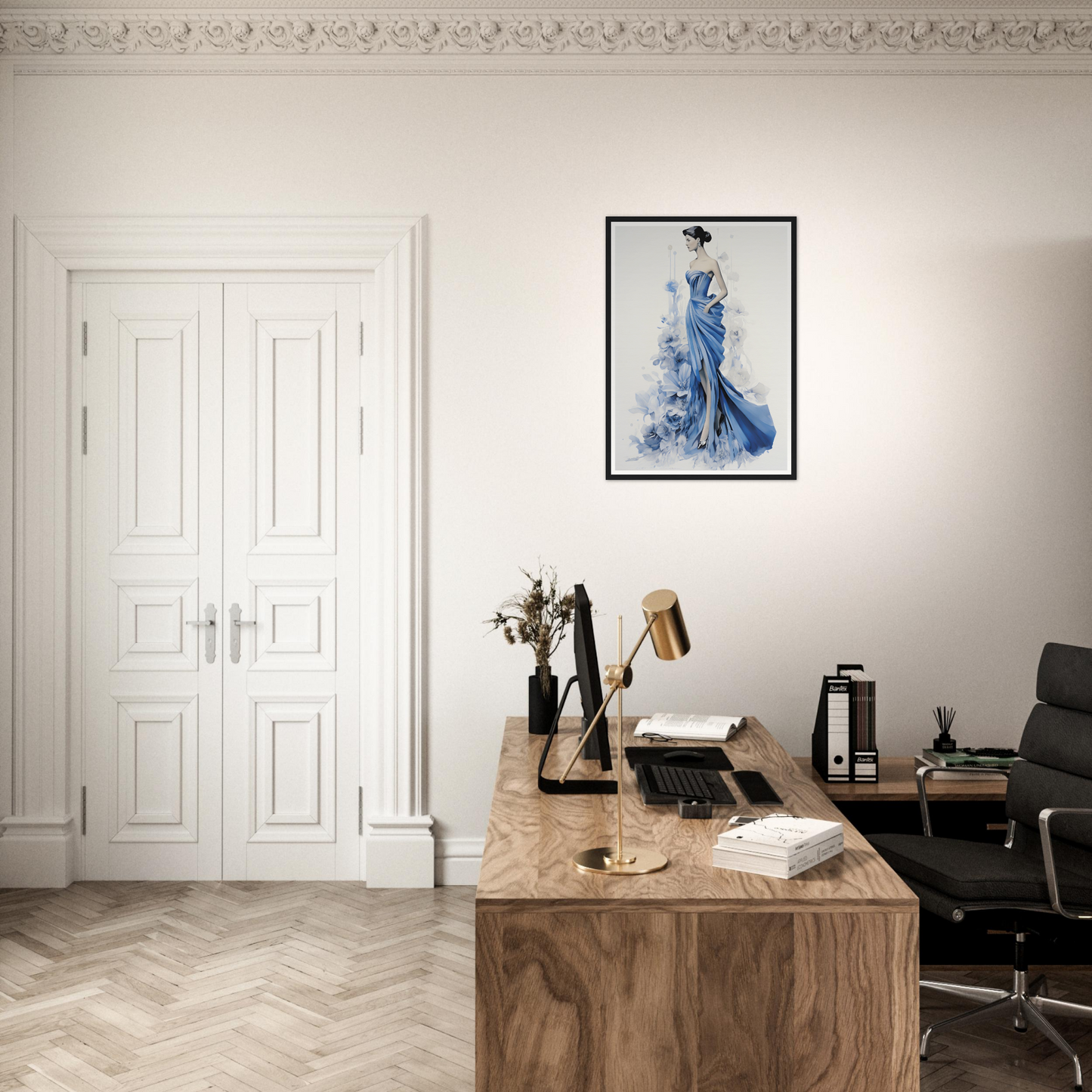 A desk with a chair and a painting on the wall