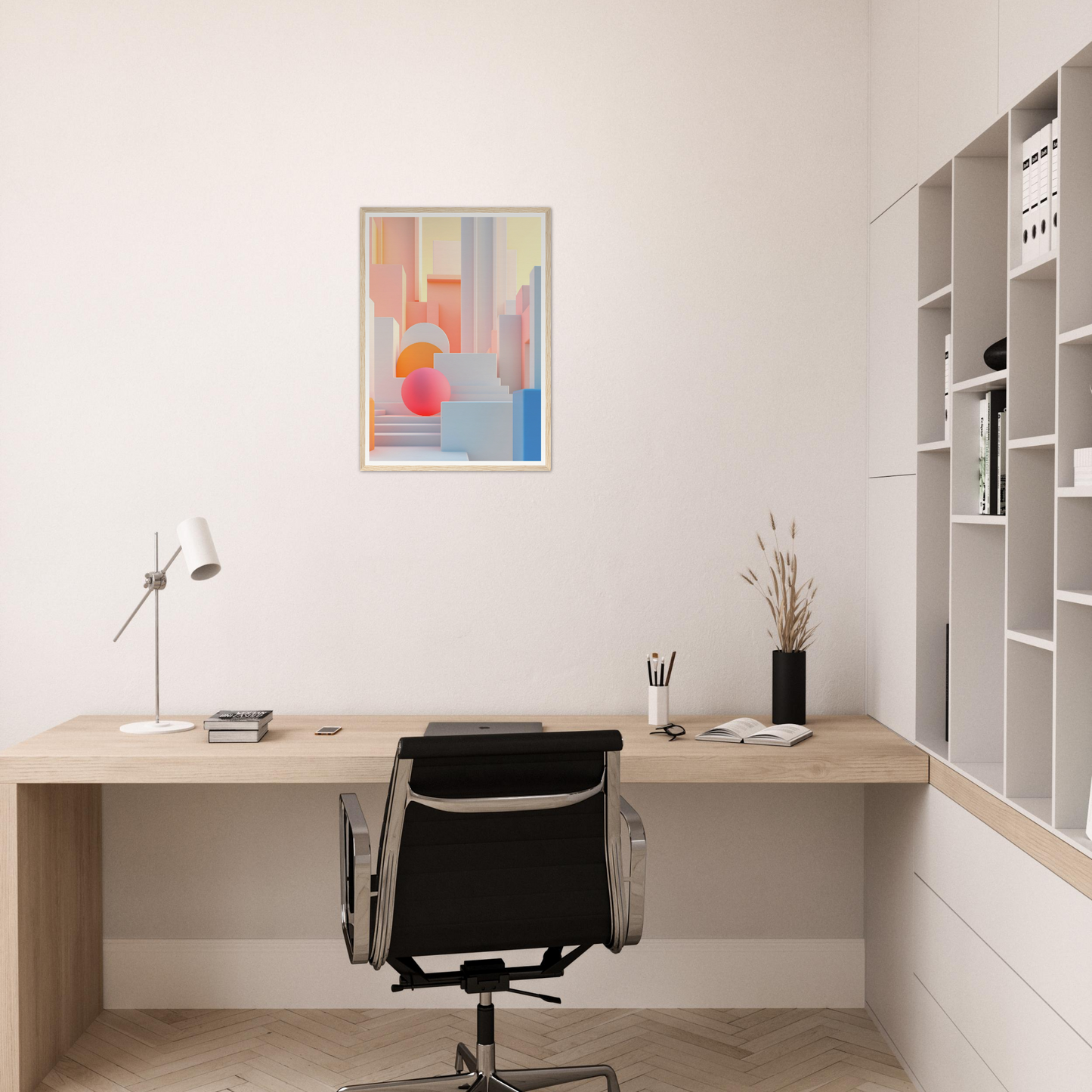 A desk with a chair and a painting on the wall