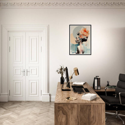 A desk with a chair and a painting on the wall