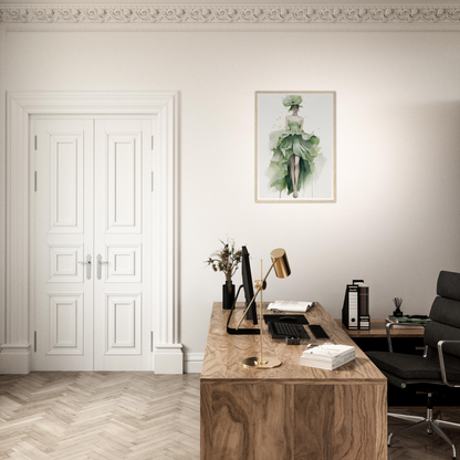 A desk with a chair and a plant on it