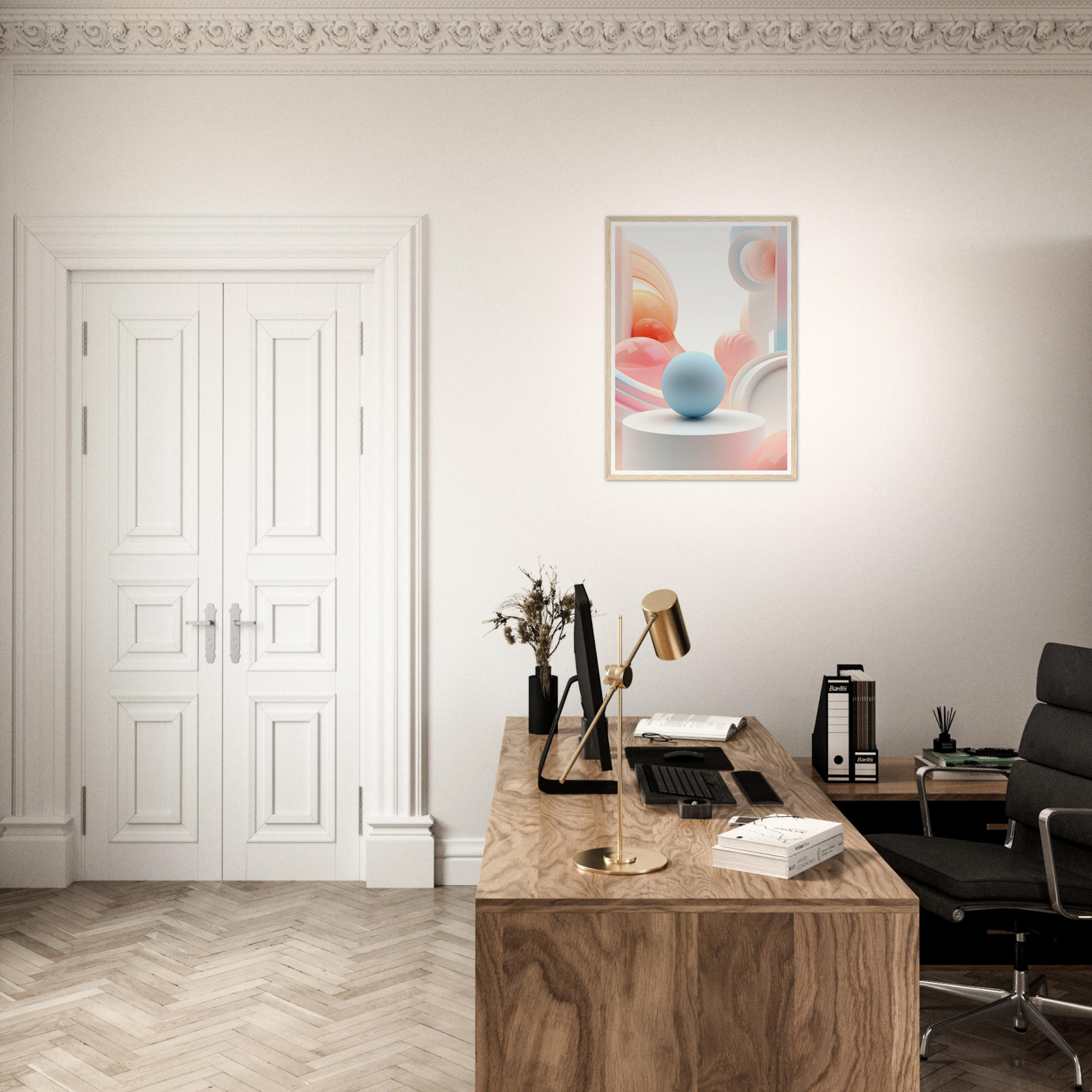 A desk with a computer and a chair