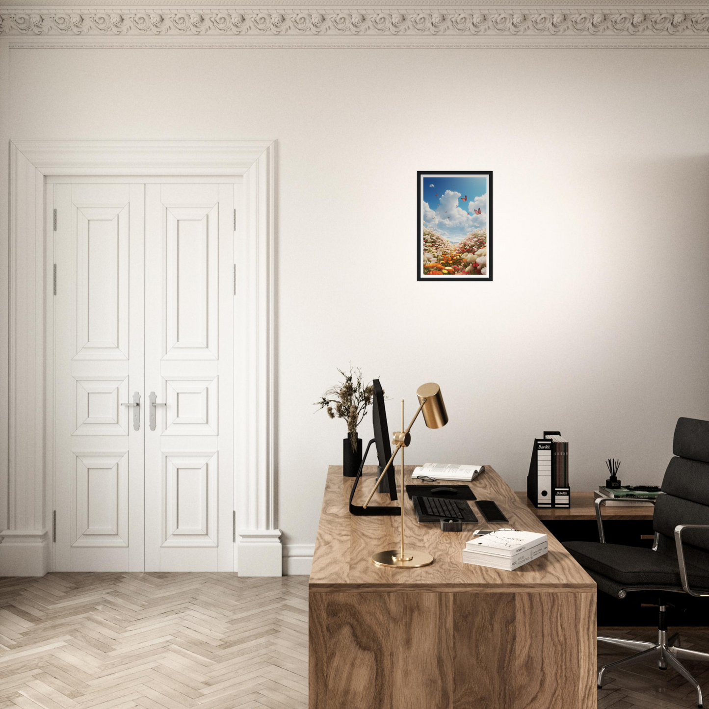 A desk with a computer and a chair