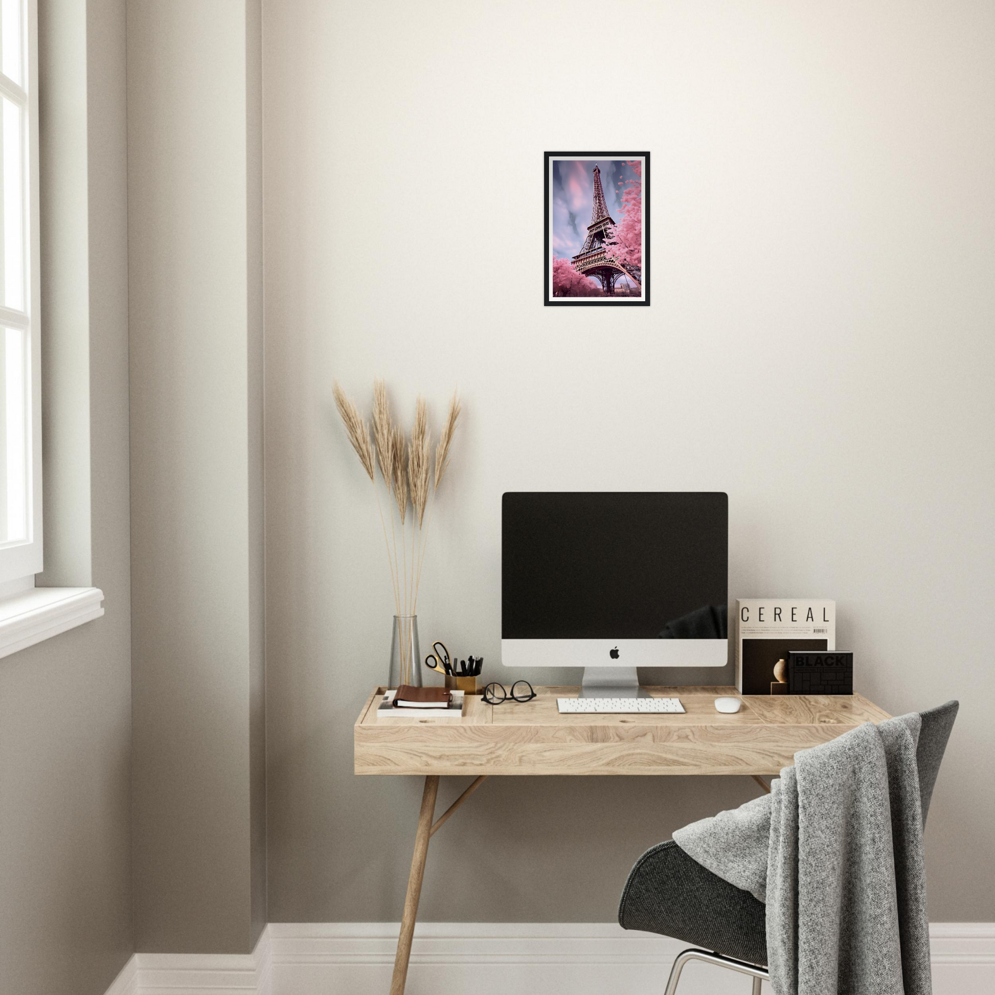 A desk with a computer and a chair