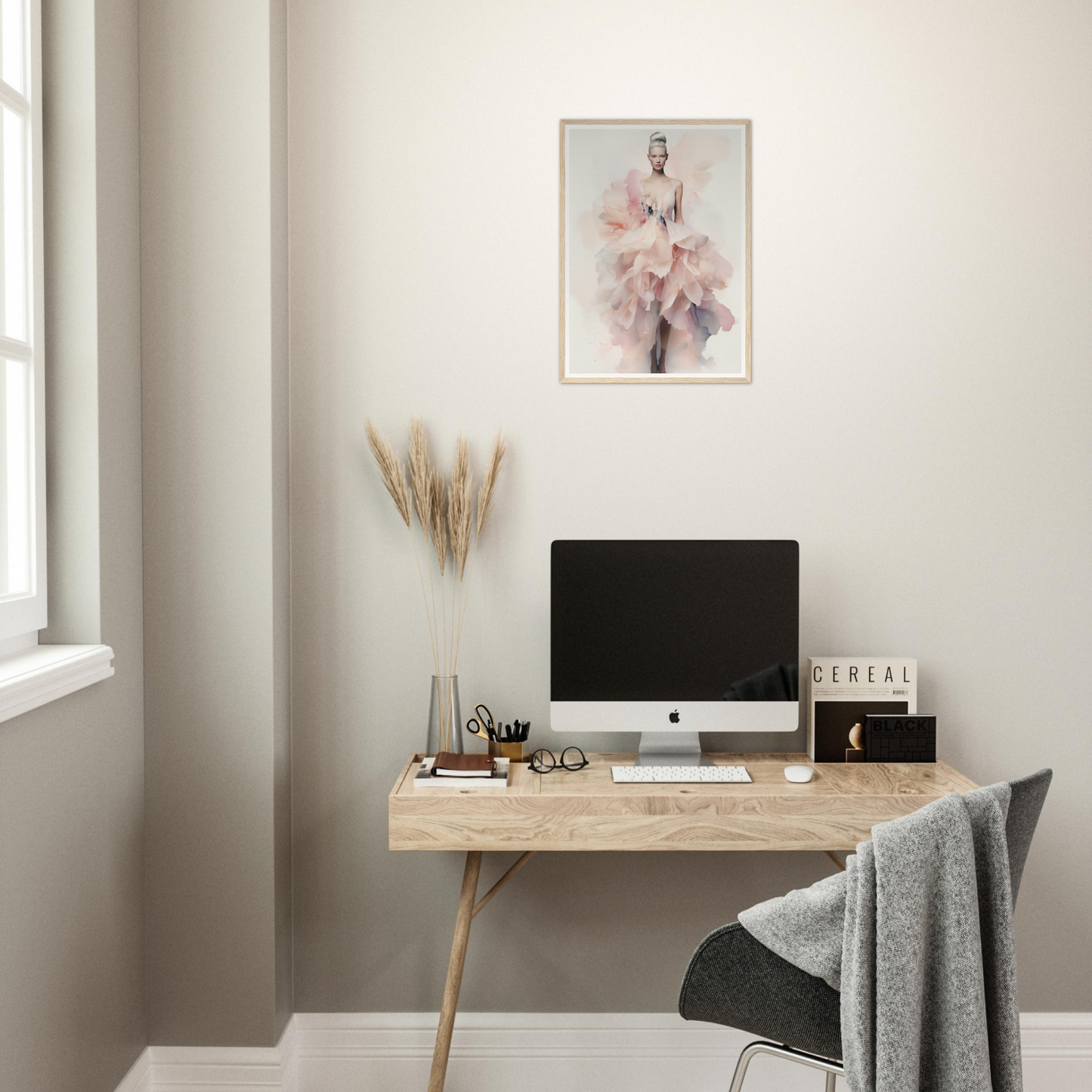 A desk with a computer and a chair