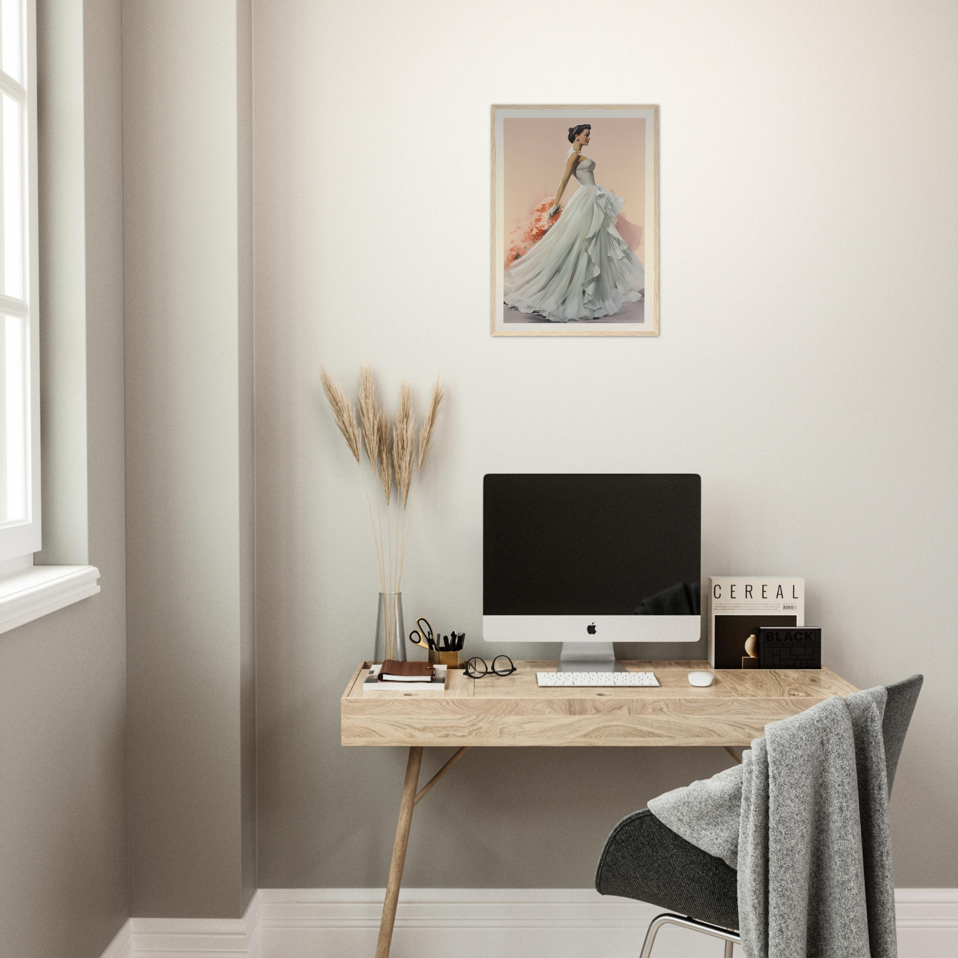 A desk with a computer and a chair