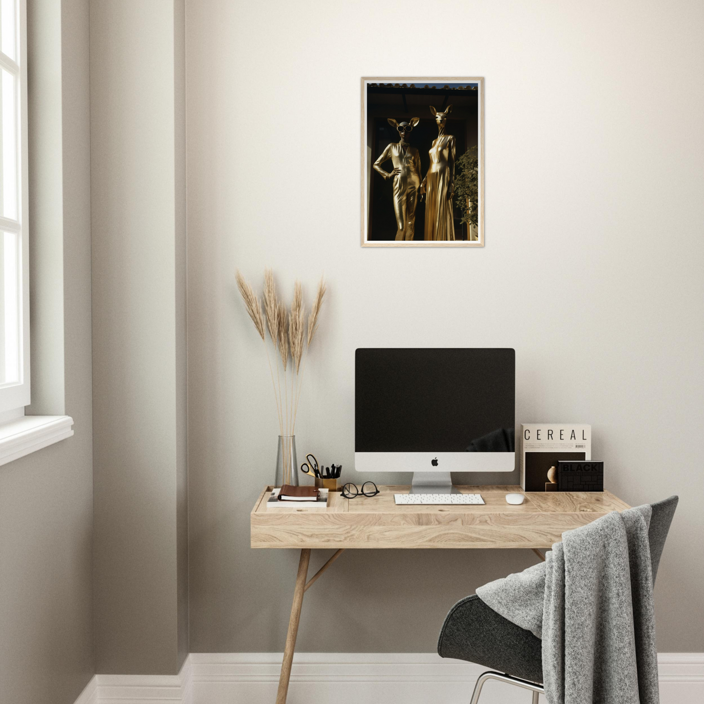 A desk with a computer and a chair