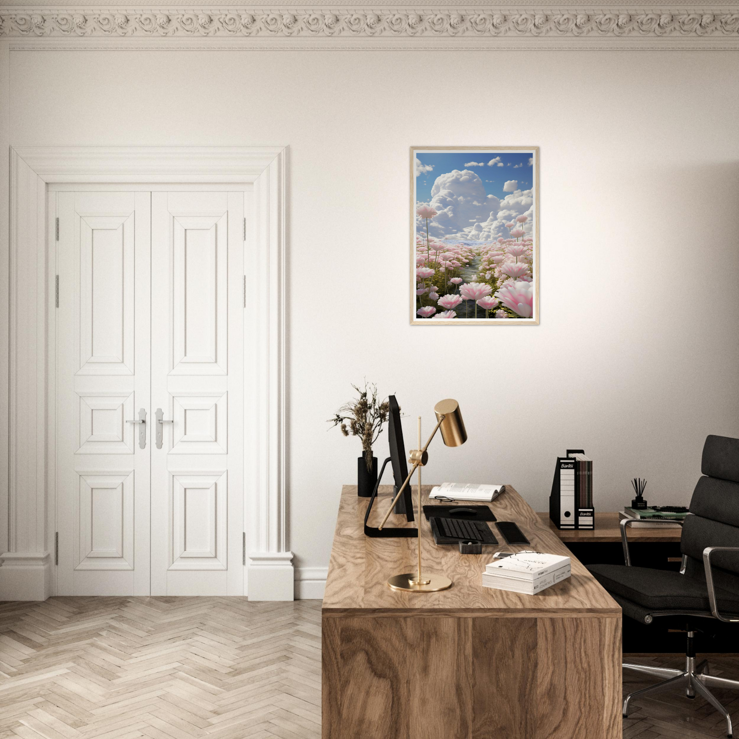 A desk with a computer and a chair in front of it