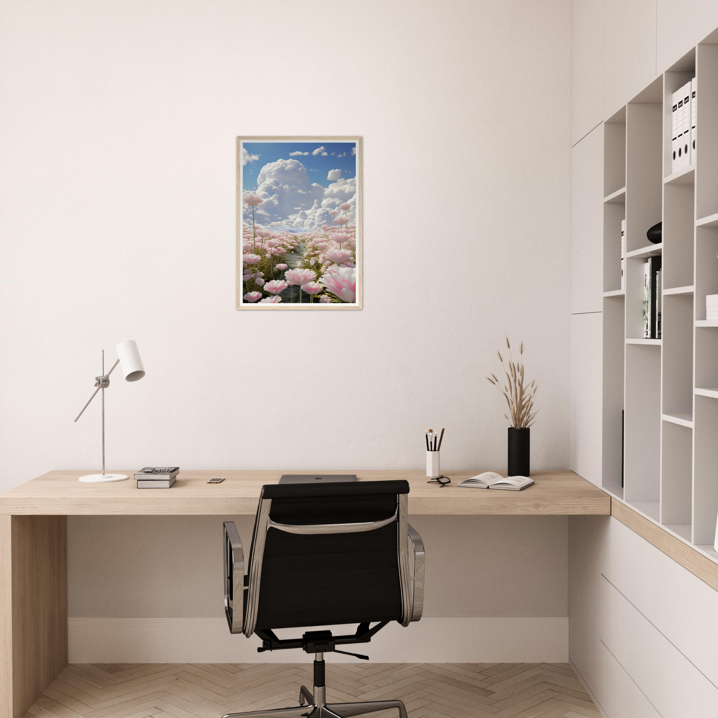 A desk with a computer and a painting of a pink flower