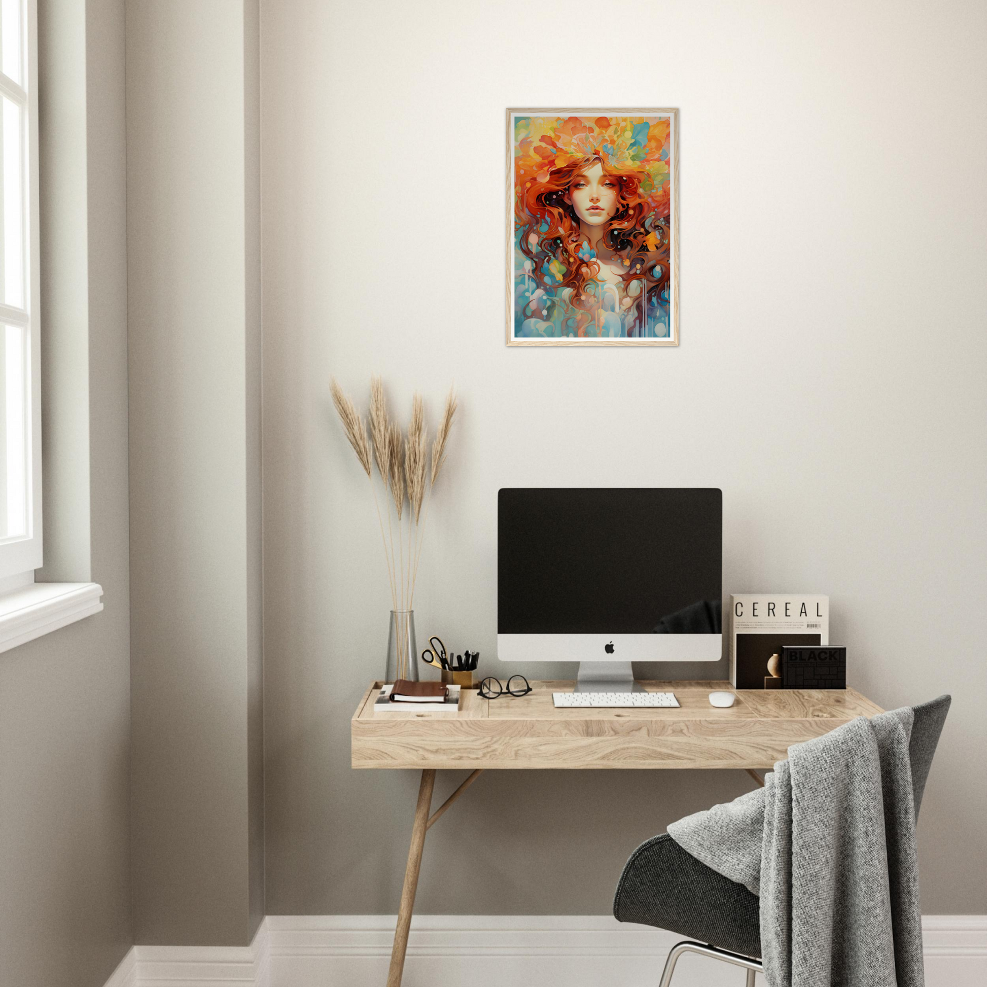 A desk with a computer and a painting on it