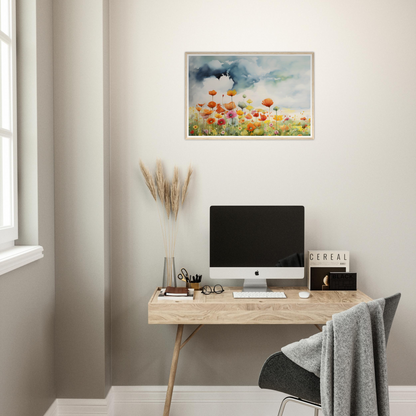 A desk with a computer and a painting on it