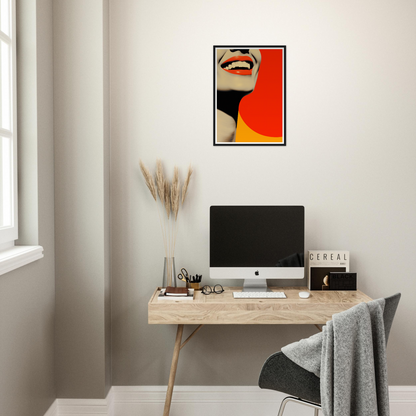 A desk with a computer and a painting on it