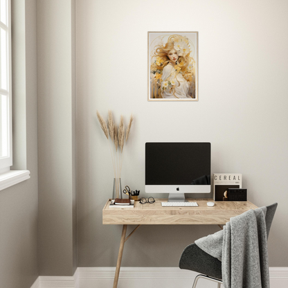 A desk with a computer and a plant on it