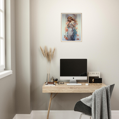 A desk with a computer and a plant