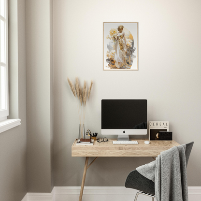 A desk with a computer and a plant on it