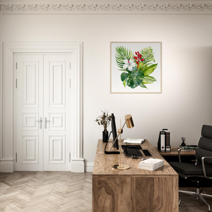 A desk with a computer and a plant on it