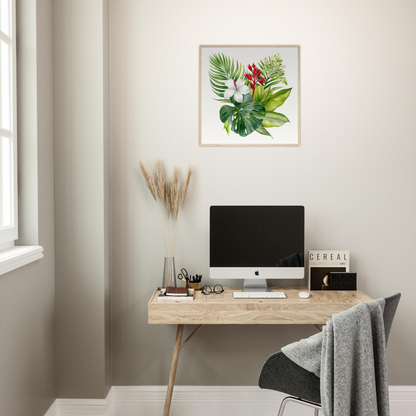 A desk with a computer and a plant on it