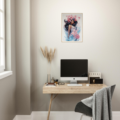 A desk with a computer and a plant on it