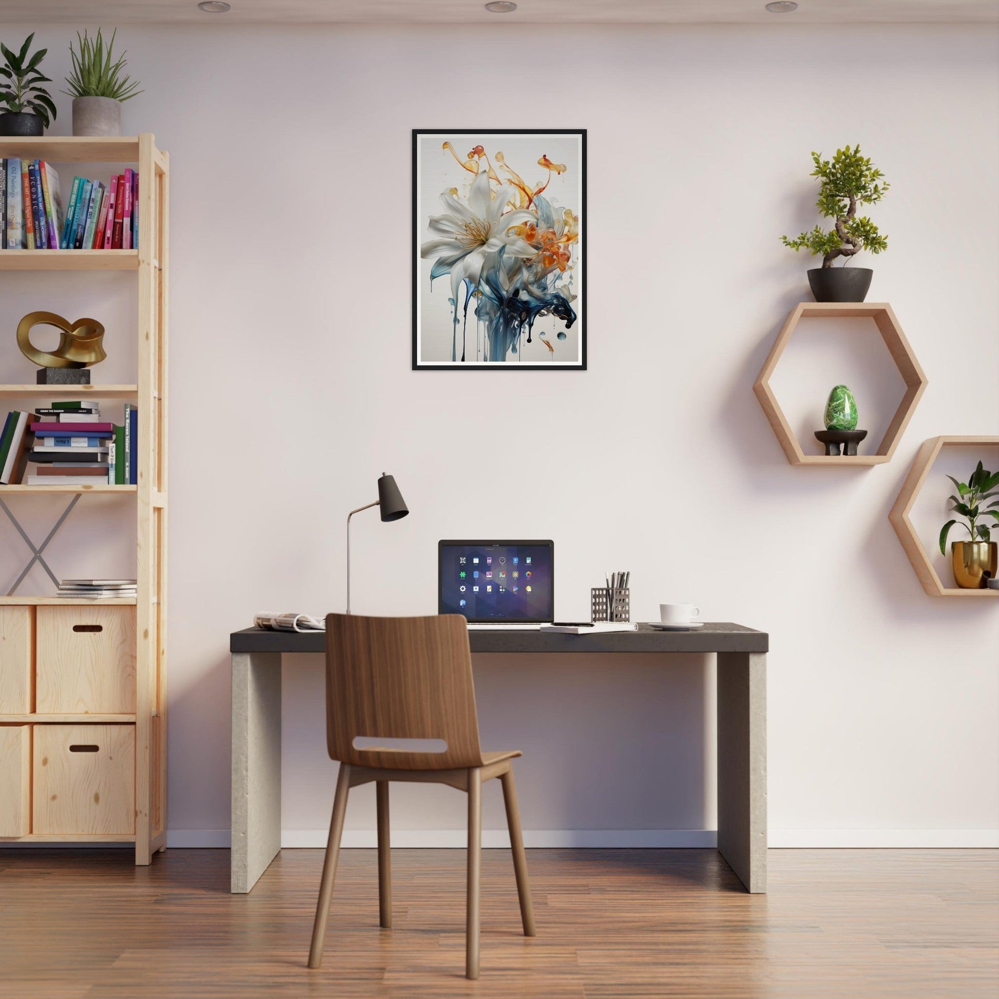 A desk with a laptop and a plant on it