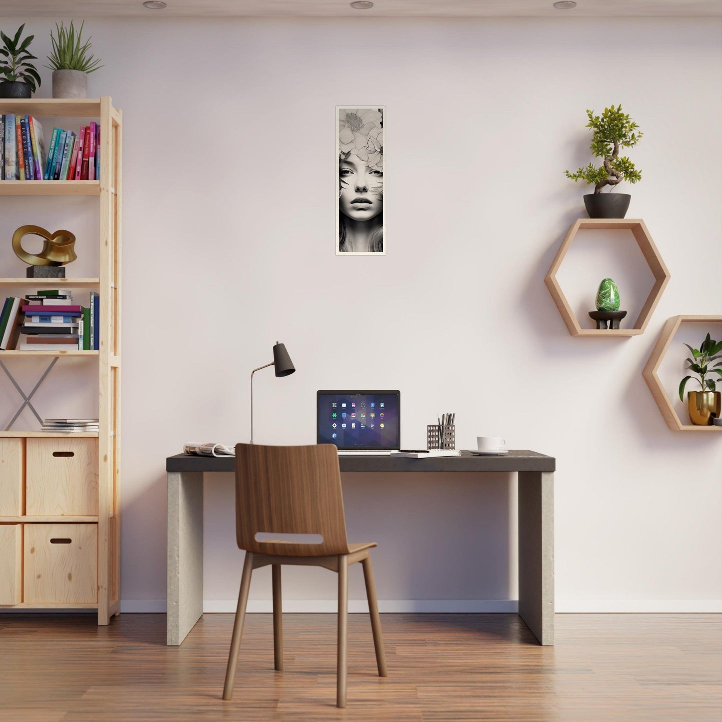 A desk with a laptop and a wooden chair in front of it