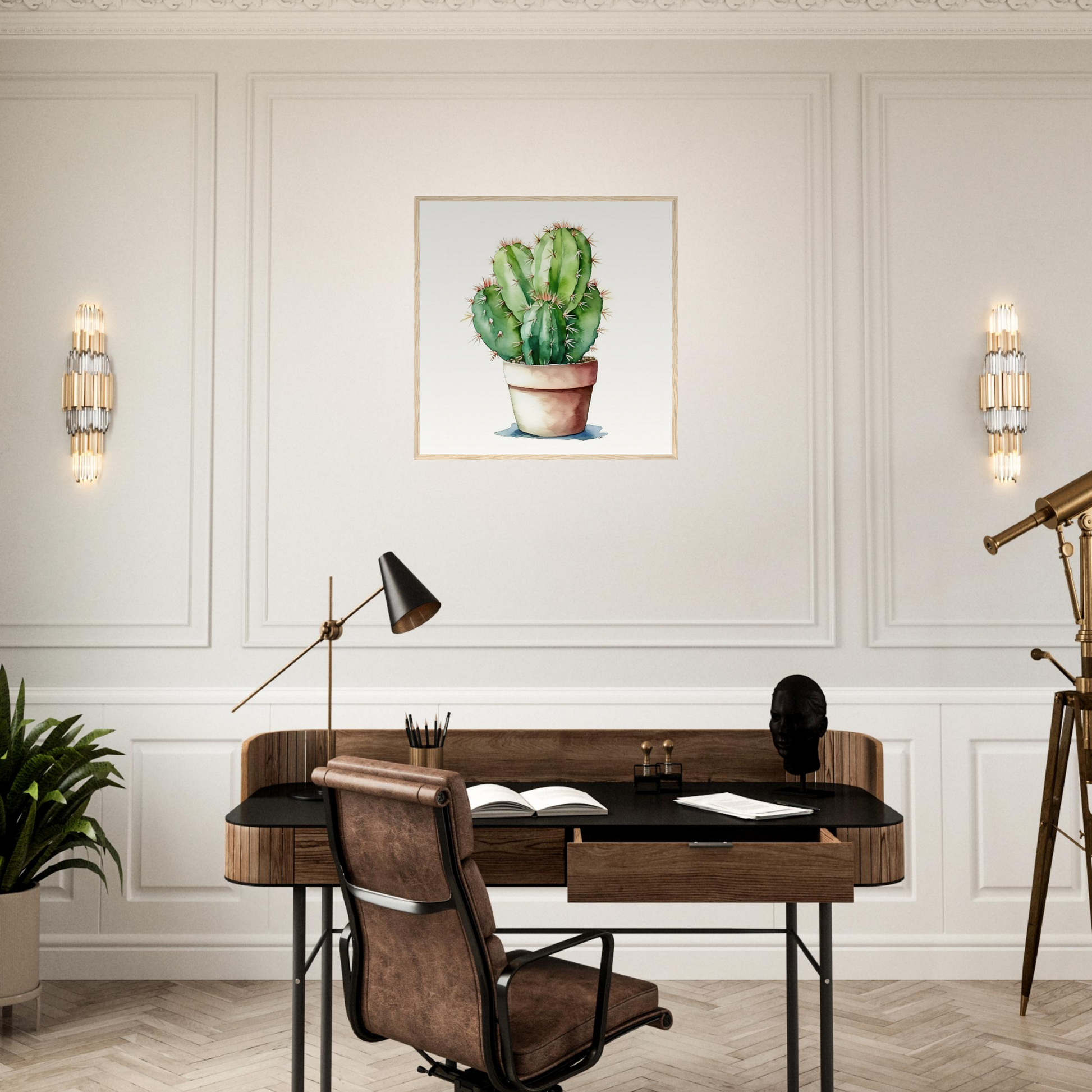 A desk with a plant on it