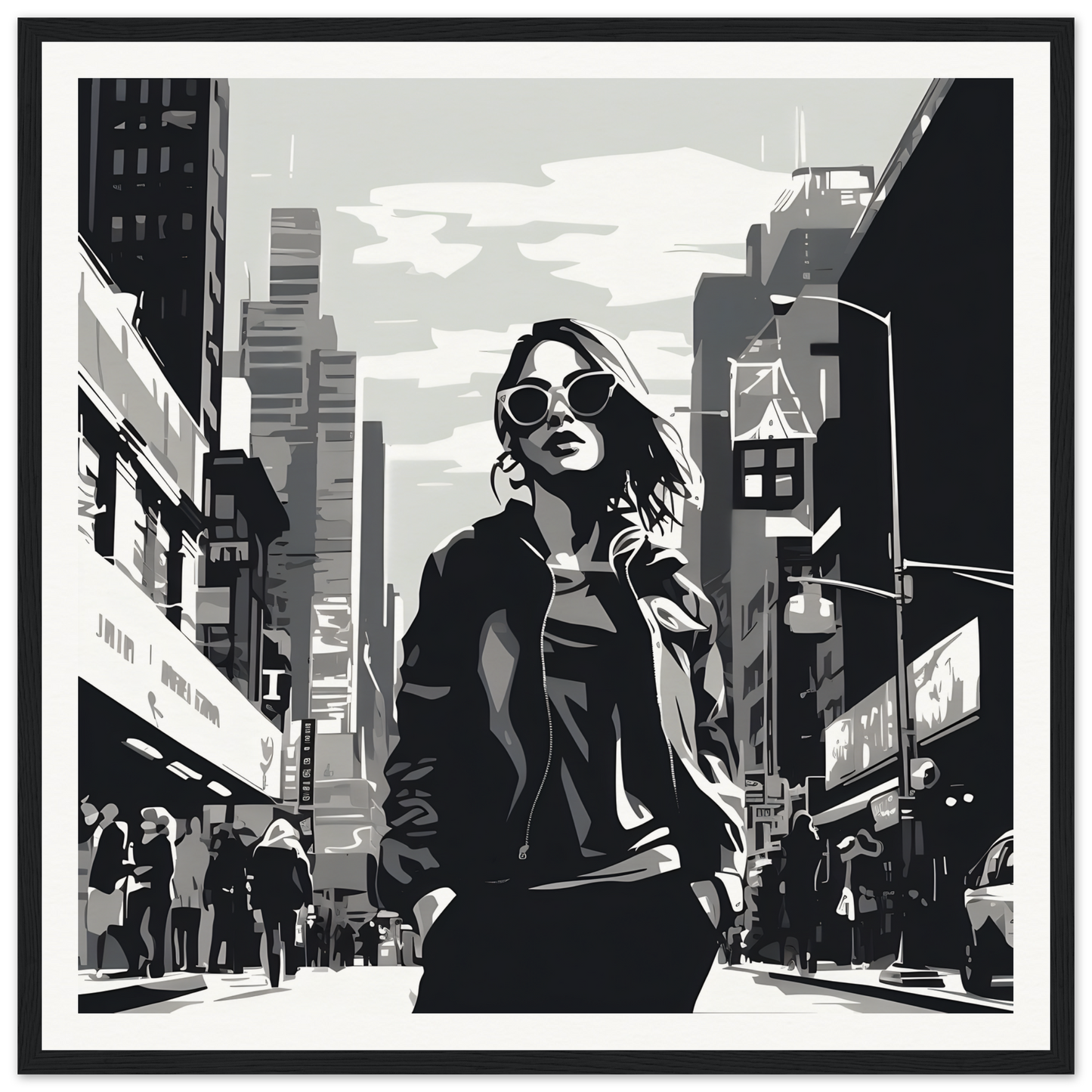 Stylized black and white illustration for Chic City’s Echoes featuring a confident figure