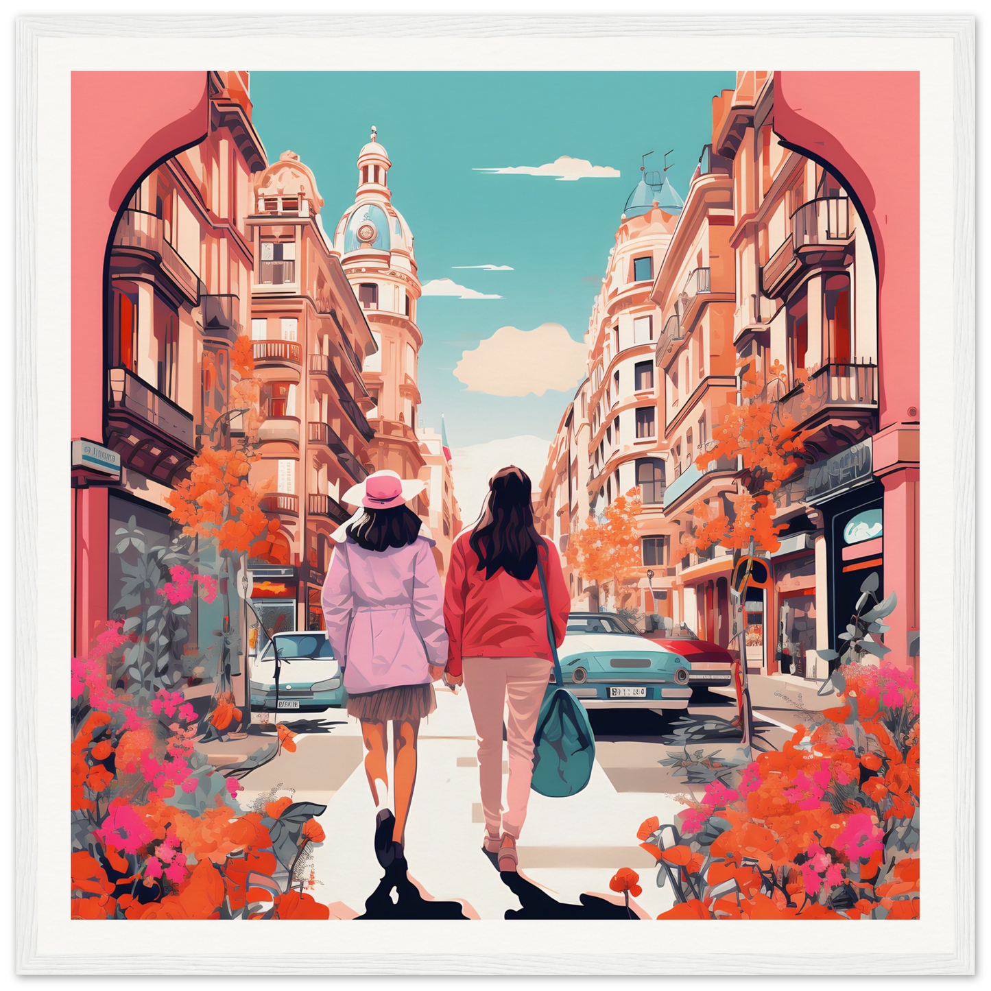 Two friends enjoy a jazzed urban reverie stroll on an autumn city street