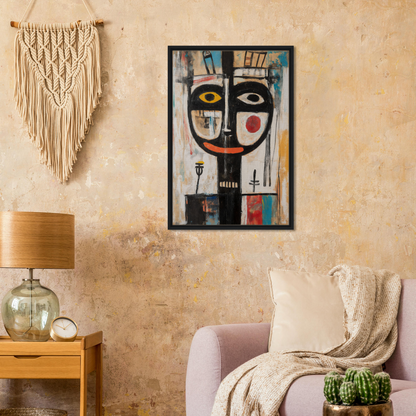 Abstract painting of a stylized face in bold colors, ideal for Chromatic Souls room decor