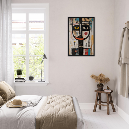 Bright minimalist bedroom showcasing colorful abstract portrait for Chromatic Souls room decor